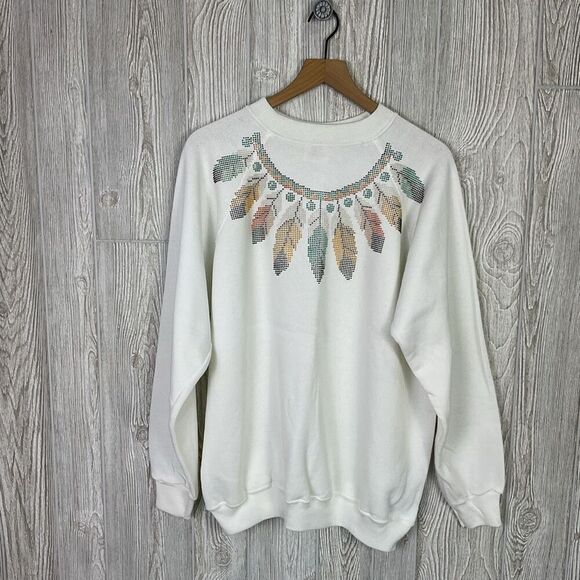 Vintage White Crewneck Sweatshirt 90s Puff Paint Native American Design Size XL - Picture 2 of 9